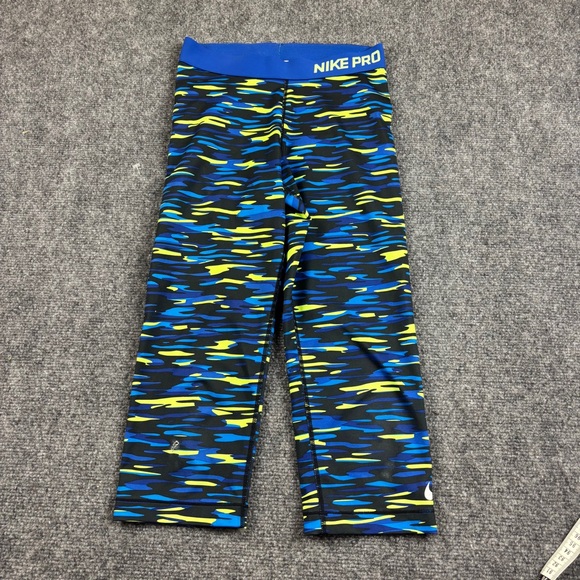 NIKE PRO Women’s Cropped Athletic Leggings Black/Blue/Yellow size: Small - Picture 1 of 8